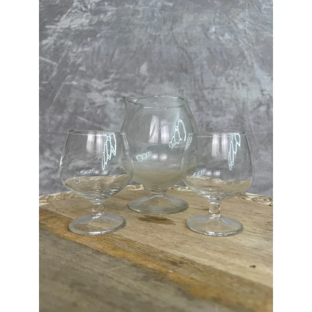 Vintage Etched Glass Pitcher and Snifter Set Starburst Wheat Mid Century‎ Modern